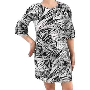 New NWT Alexandra + Oak Size L Black and White Bell 1/2 Sleeve Midi Dress Print
